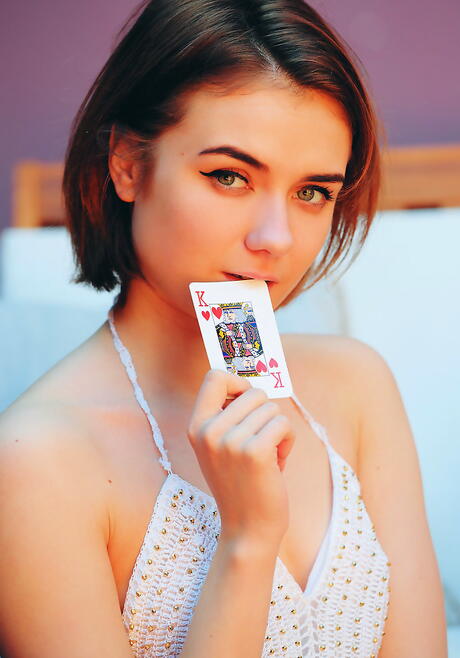 Foxy brunette youthful Alice Shea in sexy undies exposing tiny tits and bald pussy 